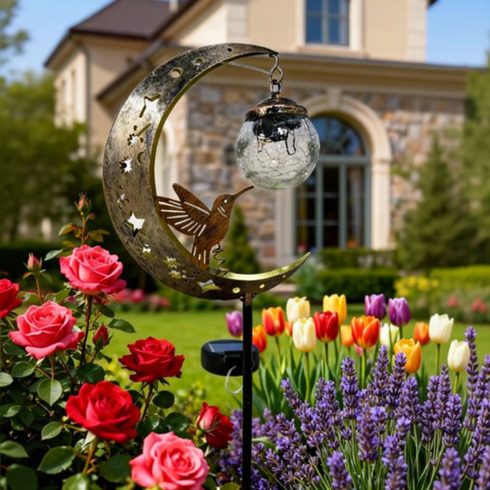 Outdoor Lighting Yard Ideas - โคมไฟปักดินพลังงานแสงอาทิตย์รูปนกฮัมมิงเบิร์ดและพระจันทร์สำหรับตกแต่งสวน กันน้ำ โคมไฟโลหะกลางแจ้ง สำหรับทางเดิน สนามหญ้า และให้แสงสว่างยามค่ำคืน