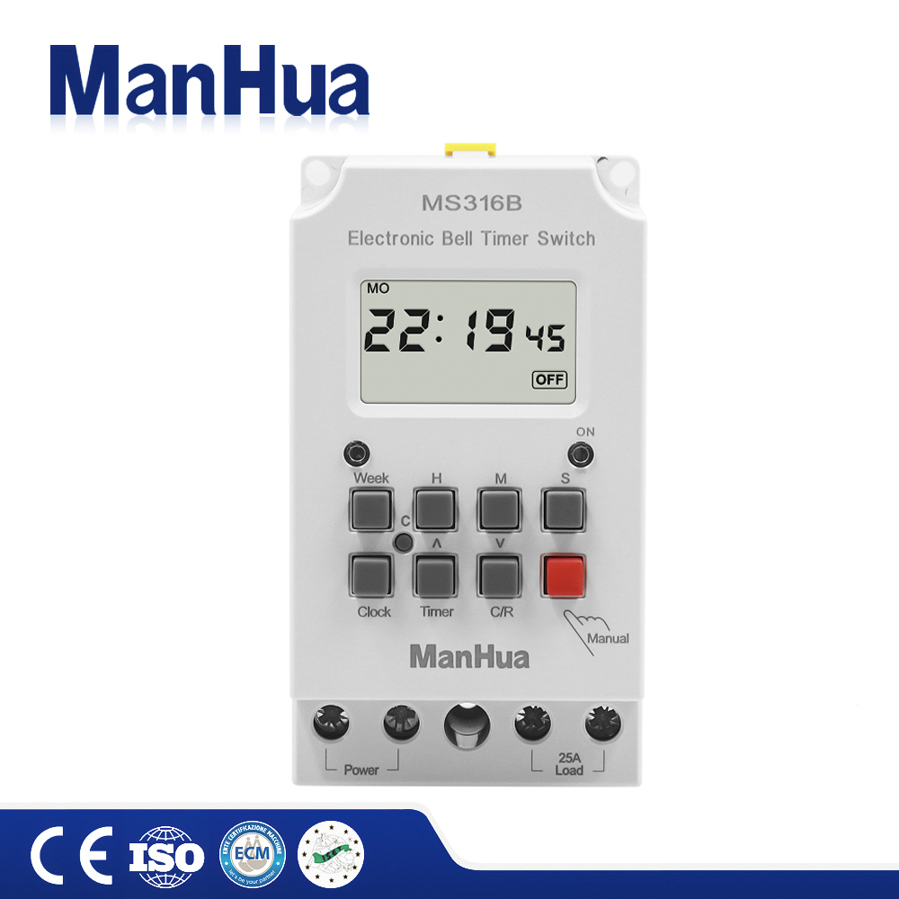 Outdoor Lighting Timer Switch - Manhua ตัวควบคุมเวลากระดิ่งโรงเรียนสวิตช์ตั้งเวลาได้68ปุ่ม25A MS316B 220V