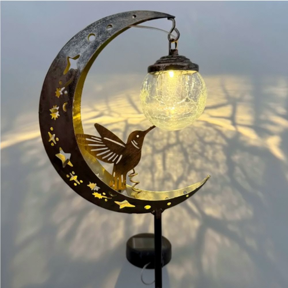 Outdoor Lighting Yard Ideas - โคมไฟสนามพลังงานแสงอาทิตย์รูปนกฮัมมิ่งเบิร์ดและพระจันทร์ แบบปักดิน กันน้ำ ทำจากโลหะ สำหรับตกแต่งสวน สนามหญ้า