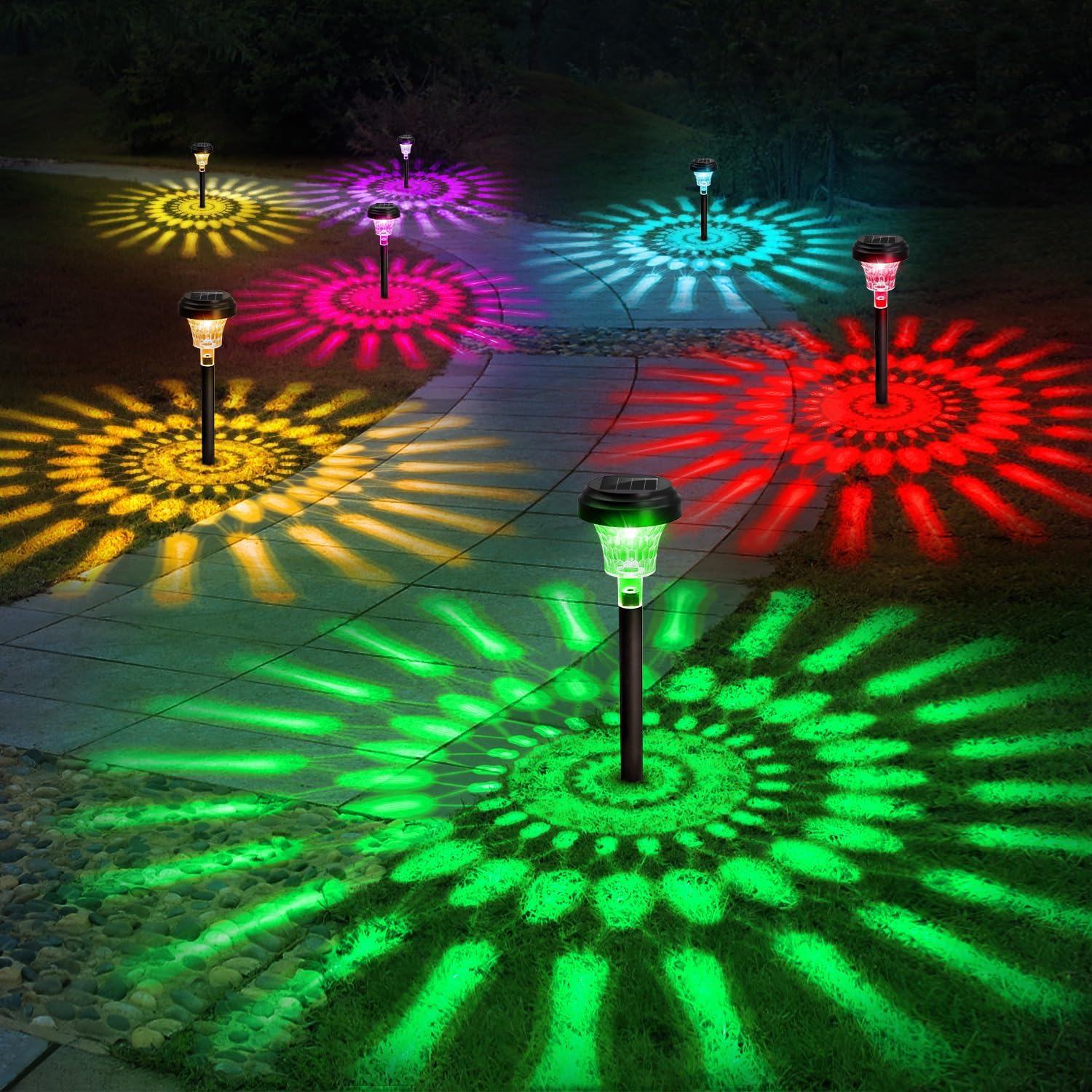 Outdoor Lighting Driveway - ไฟทางเดินพลังงานแสงอาทิตย์โคมไฟลานพลังงานแสงอาทิตย์กลางแจ้งเปลี่ยนสี RGB/วอร์มไวท์ IP67 กันน้ํา LED ไฟพลังงานแสงอาทิตย์สําหรับเส้นทางสวน